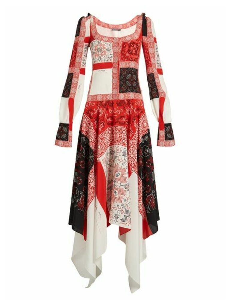 Alexander Mcqueen - Scoop-neck Cross-stitch Print Crepe De Chine Dress - Womens - Ivory Multi
