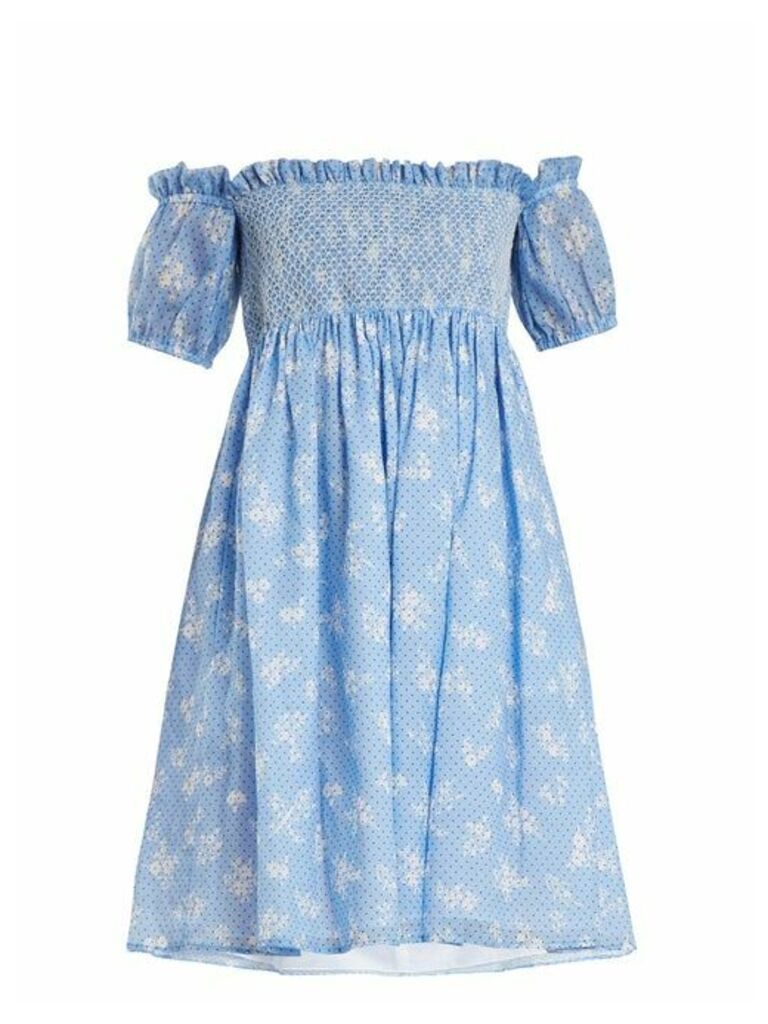 Miu Miu - Off-the-shoulder Floral-print Gauze Mini Dress - Womens - Blue Print