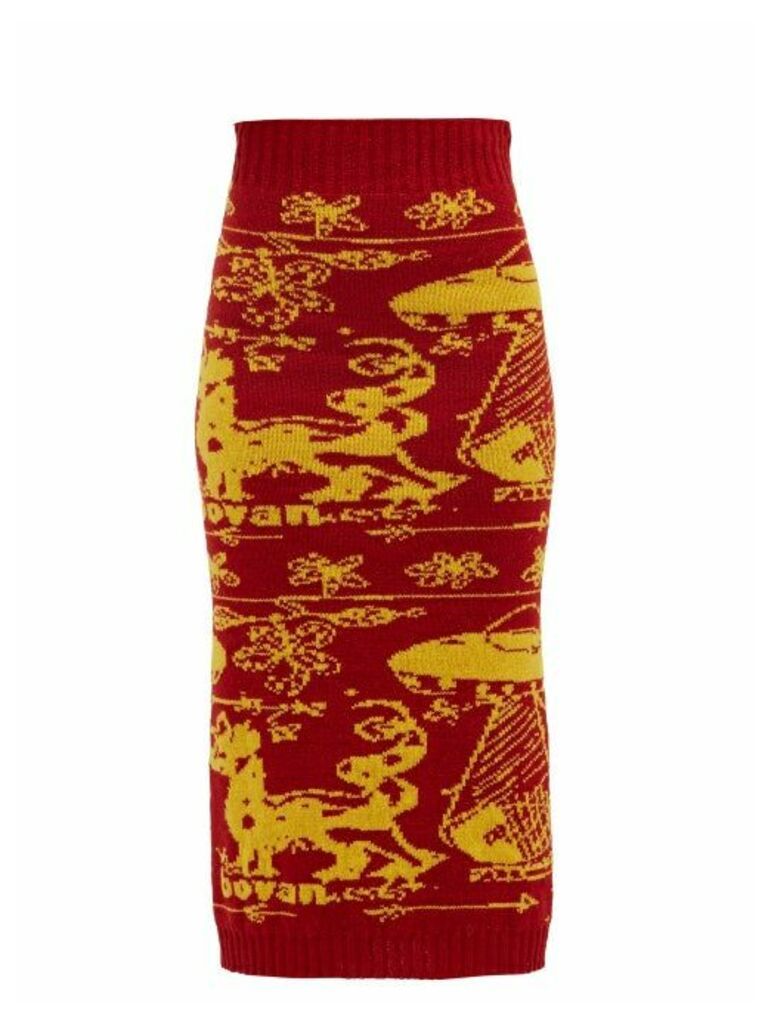 Matty Bovan - Ufo-jacquard Wool Midi Skirt - Womens - Red Multi