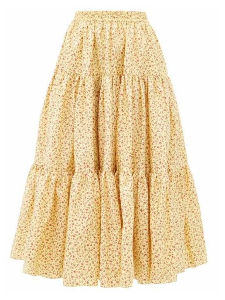 Batsheva - Amy Tiered Floral-print Cotton-poplin Midi Skirt - Womens - Yellow