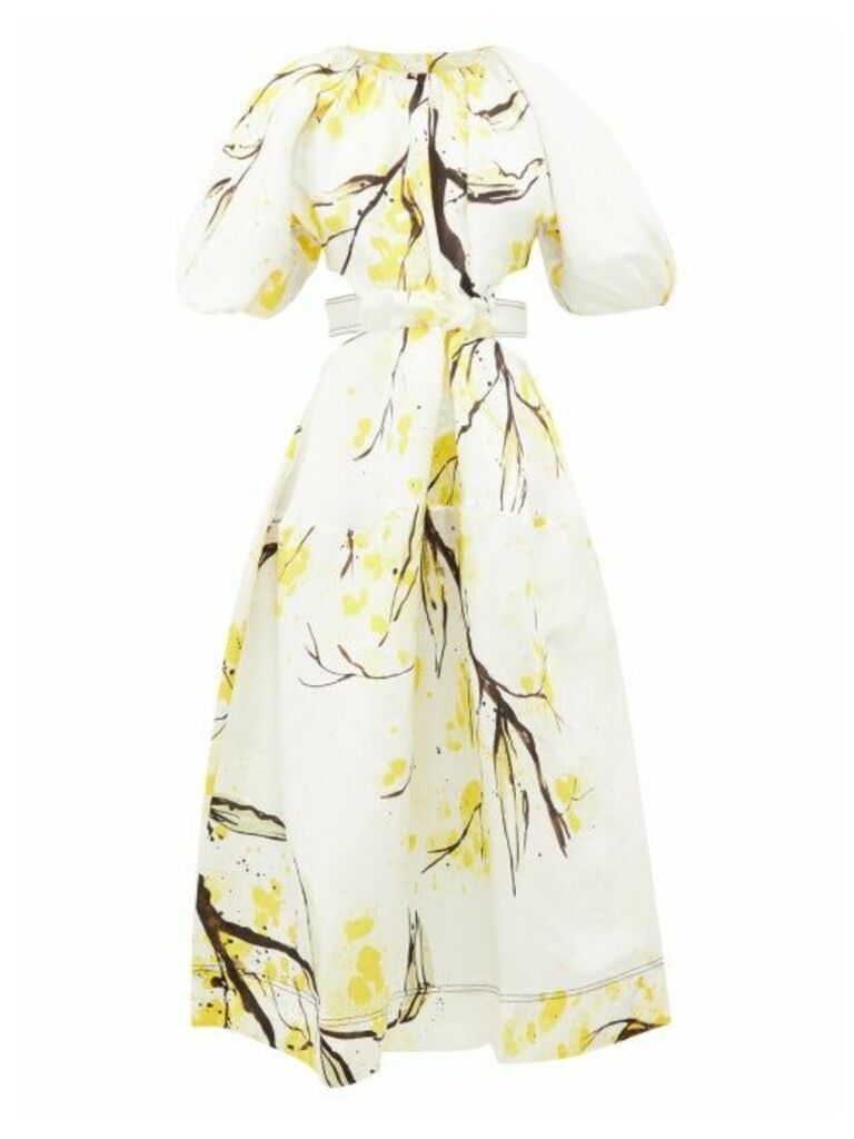 Aje - Mimosa Floral-print Linen-blend Satin Dress - Womens - Yellow White