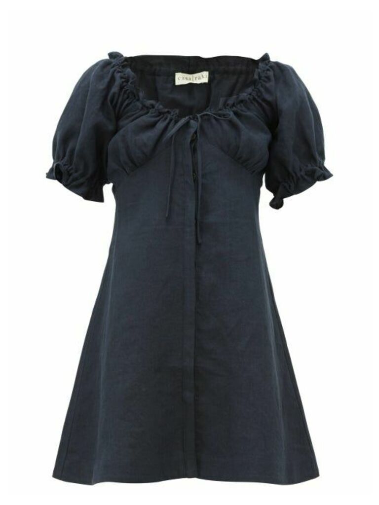 Casa Raki - Valentina Puffed-sleeve Linen Dress - Womens - Navy
