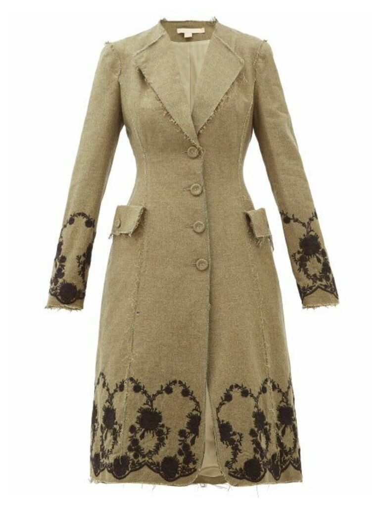 Brock Collection - Floral-embroidered Tweed Coat - Womens - Khaki