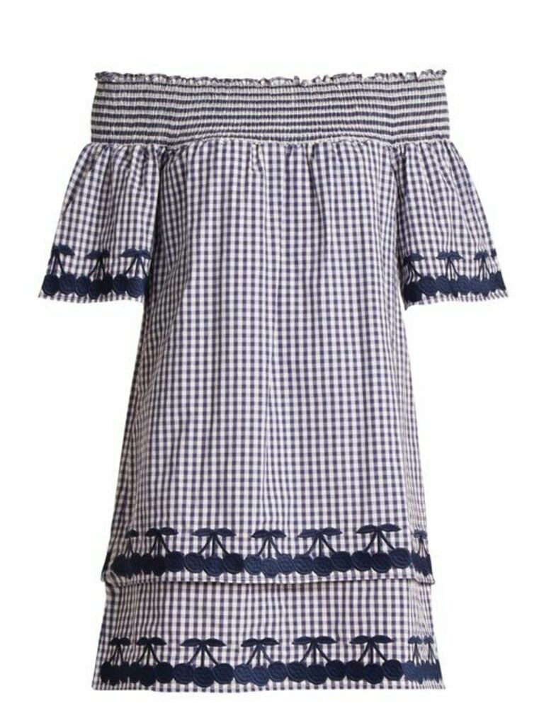 Bliss And Mischief - Off-the-shoulder Gingham Cotton Dress - Womens - Blue White