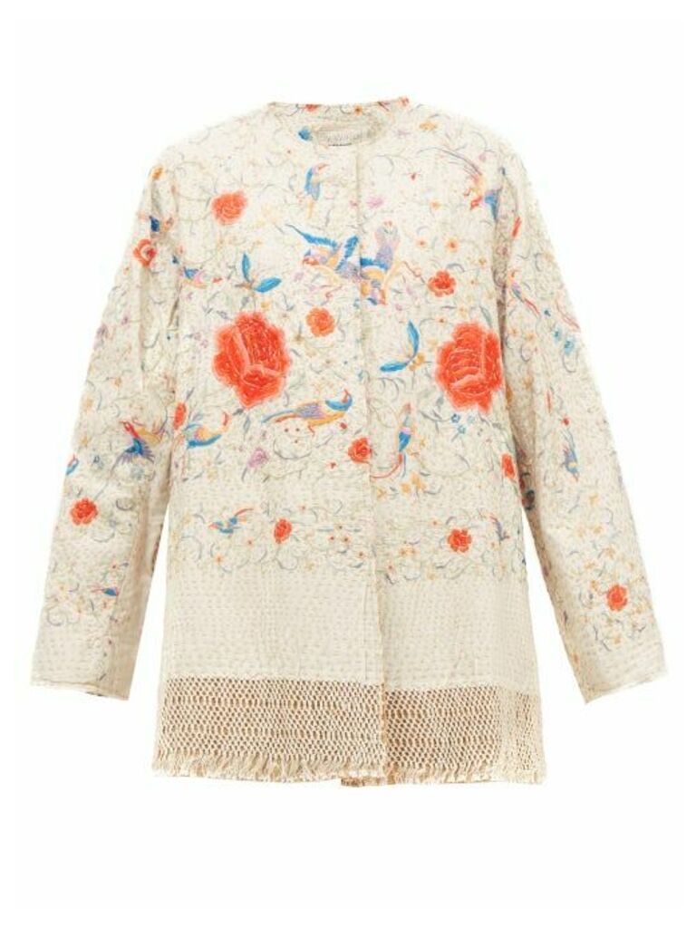 By Walid - Tara Floral-embroidered Cotton And Silk Coat - Womens - White Multi