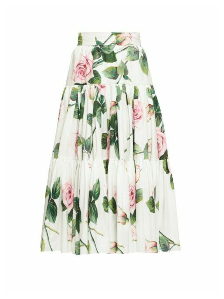 Dolce & Gabbana - Tiered Rose-print Cotton-poplin Skirt - Womens - White Multi