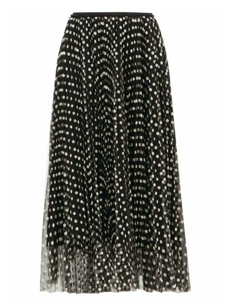 REDValentino - Daisy-embroidered Pleated-mesh Skirt - Womens - Black