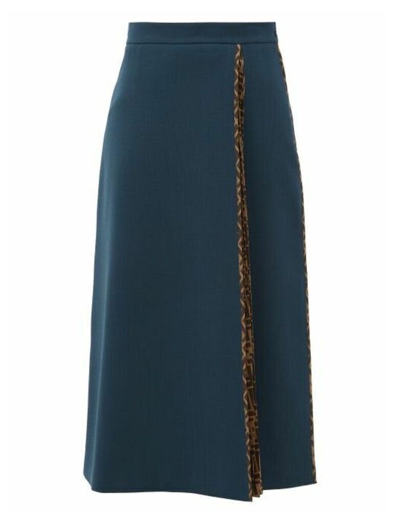 Fendi - Pleated Logo-print Wool-crepe Midi Skirt - Womens - Navy Multi
