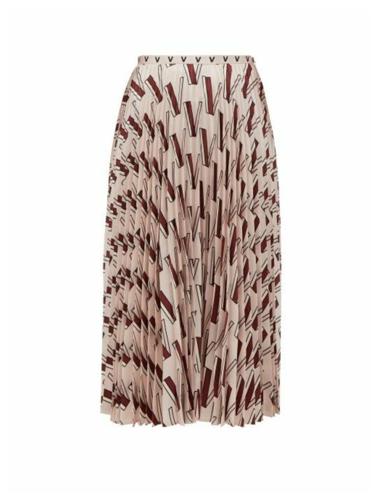 Valentino - V-print Pleated Silk-satin Midi Skirt - Womens - Pink Multi