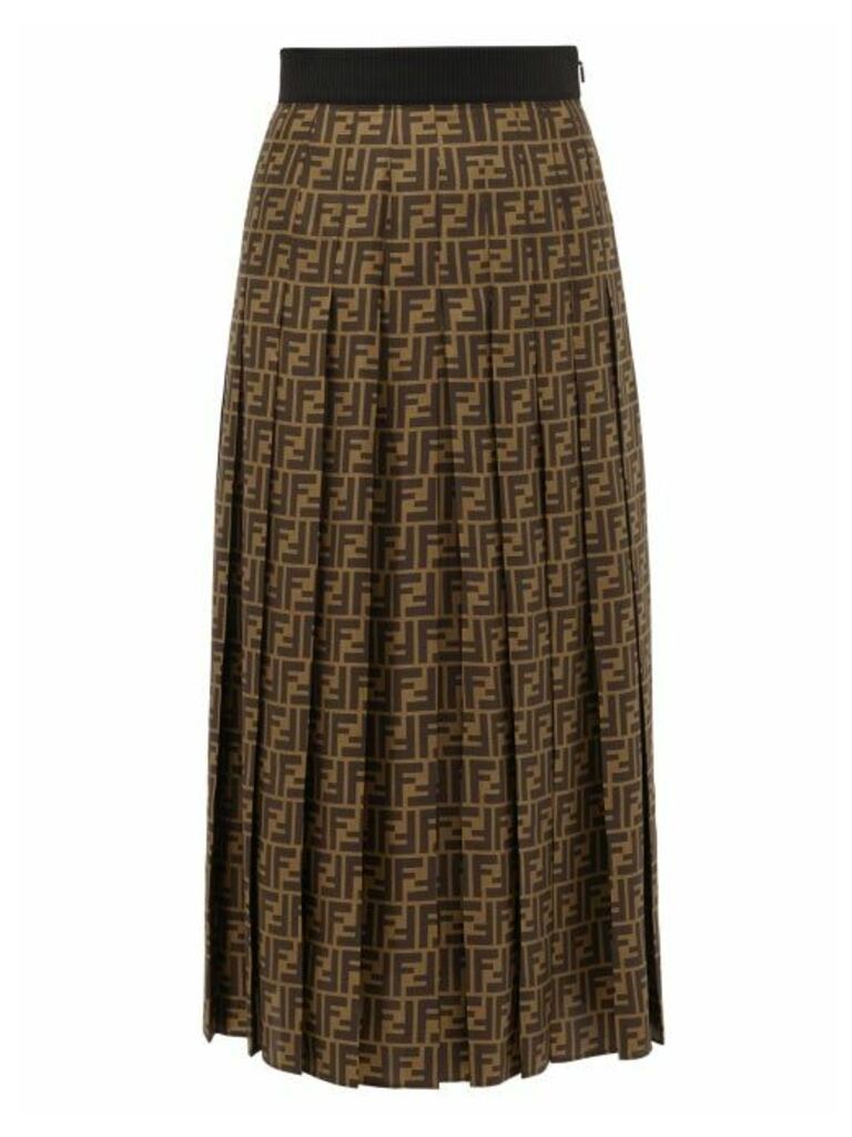 Fendi - Pleated Ff-print Silk-satin Midi Skirt - Womens - Brown Print