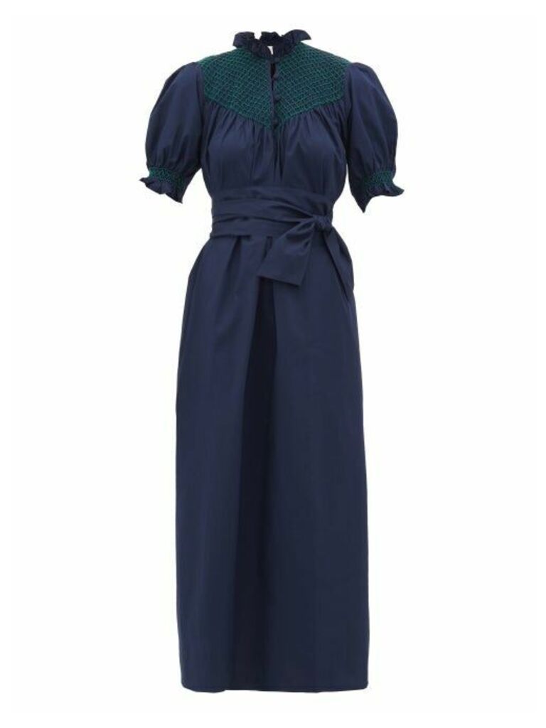 Loretta Caponi - Elena High-neck Smocked Cotton Dress - Womens - Navy Multi