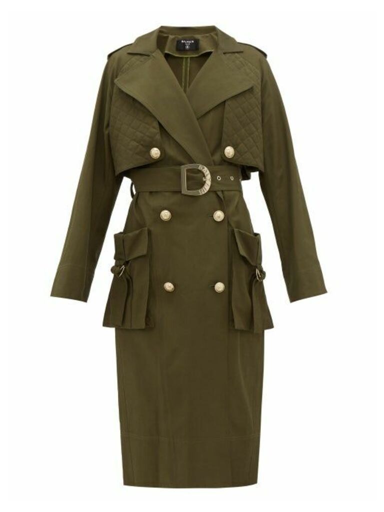 Balmain - Quilted-panel Cotton-twill Trench Coat - Womens - Khaki