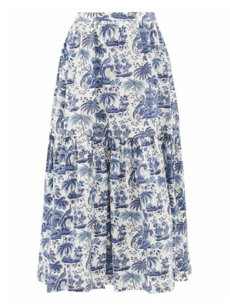 Staud - Tropical-print Tiered Cotton-blend Skirt - Womens - Blue White