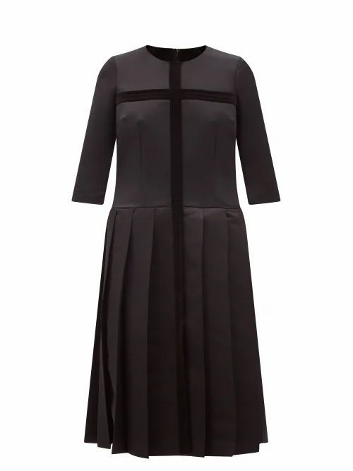 Velvet-appliqué Pleated Satin Dress - Womens - Black