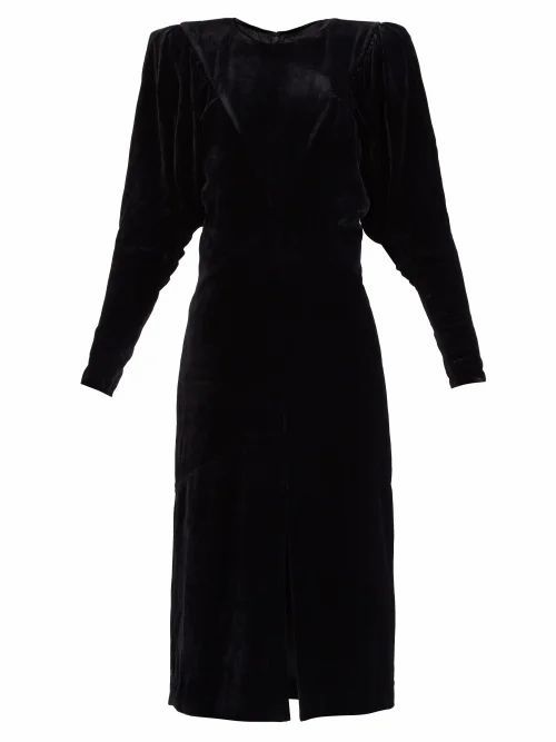 Geniasi Padded-shoulders Velvet Midi Dress - Womens - Black