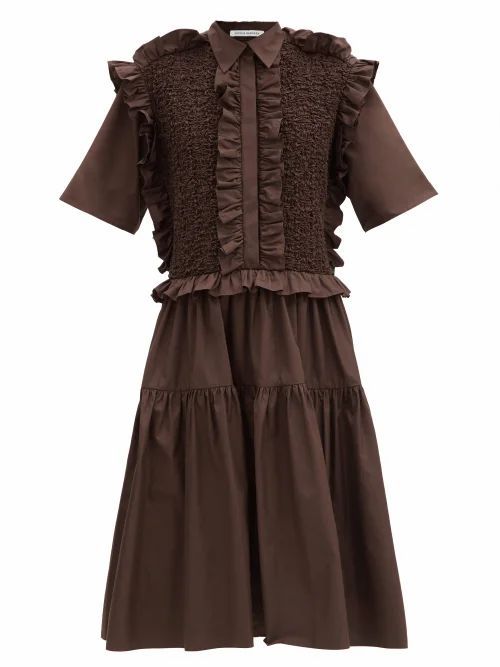 Cecilie Bahnsen - Lydia Smocked Ruffled Cotton-poplin Shirt Dress - Womens - Brown