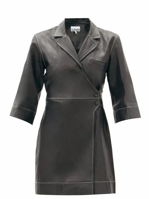 Ganni - Cropped-sleeve Leather Wrap Dress - Womens - Black