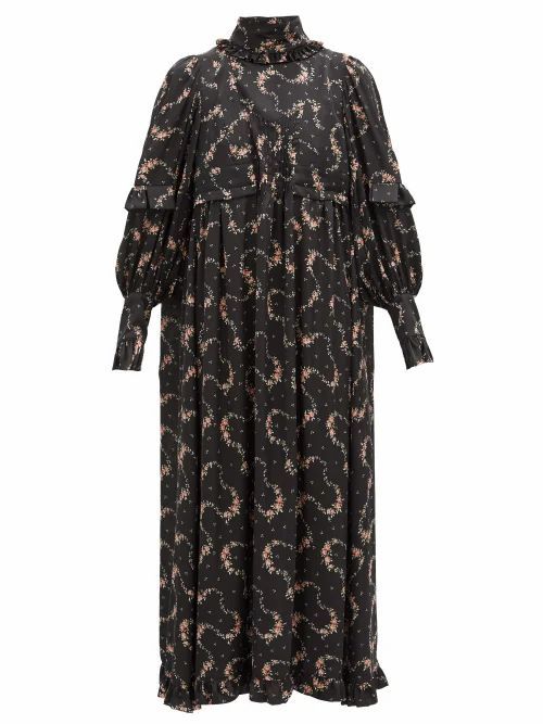 Paco Rabanne - Ruffled Floral-print Satin Midi Dress - Womens - Black Print
