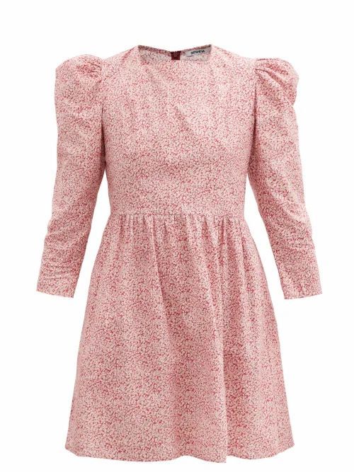Batsheva - Puff-sleeve Floral-print Cotton Mini Dress - Womens - Burgundy Print