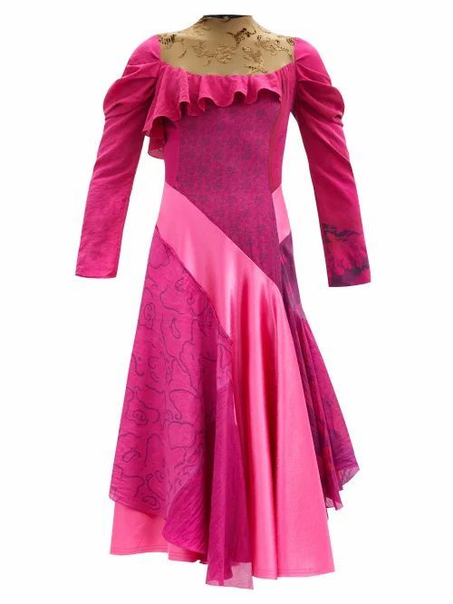 Marine Serre - Upcycled Asymmetric Silk-satin Dress - Womens - Fuchsia
