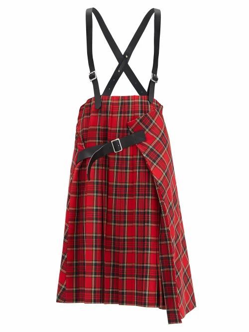 Noir Kei Ninomiya - Crossover-braces Pleated Tartan Wool-blend Skirt - Womens - Red