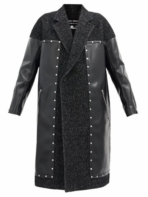 Junya Watanabe - Studded Tweed And Faux-leather Coat - Womens - Black