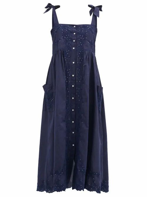 Juliet Dunn - Floral-embroidered Shoulder-ties Cotton Midi Dress - Womens - Navy