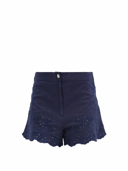 Juliet Dunn - Floral-embroidered Cotton Shorts - Womens - Navy