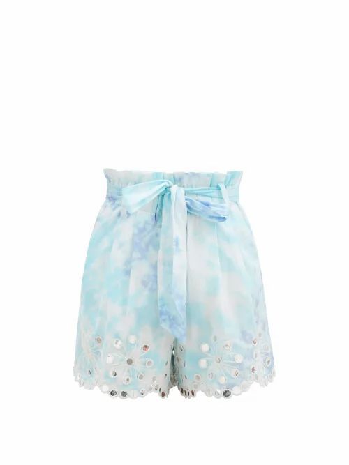 Juliet Dunn - Sequinned Paperbag-waist Tie-dye Cotton Shorts - Womens - Blue White