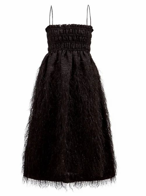 Ganni - Feather-trimmed Shirred Baroque-brocade Midi Dress - Womens - Black