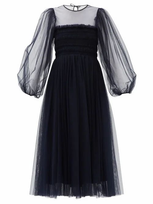 Amelie Hand-smocked Bodice Tulle Midi Dress - Womens - Navy