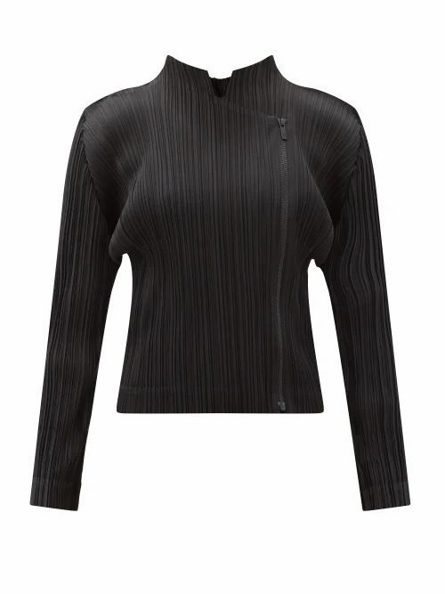 Pleats Please Issey Miyake - Asymmetric Zip Technical-pleated Jacket - Womens - Black