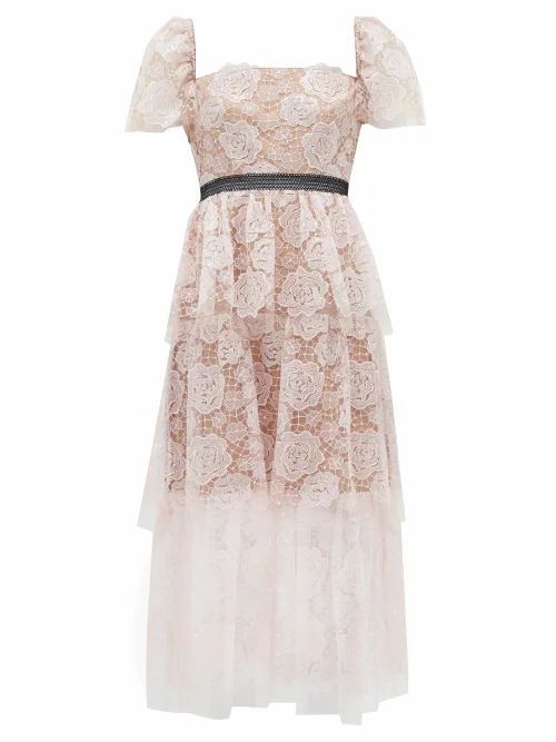 Self-portrait - Square-neck Tiered Floral-lace Midi Dress - Womens - Light Pink