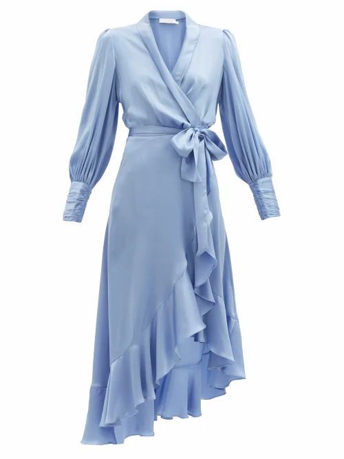 Bishop-sleeve Silk Wrap Midi Dress - Womens - Light Blue