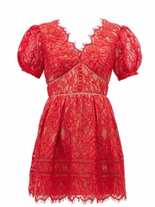 Self-portrait - Puffed-sleeve Guipure-lace Mini Dress - Womens - Red