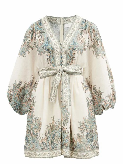 Zimmermann - Brighton Paisley-print Linen Mini Dress - Womens - White Print