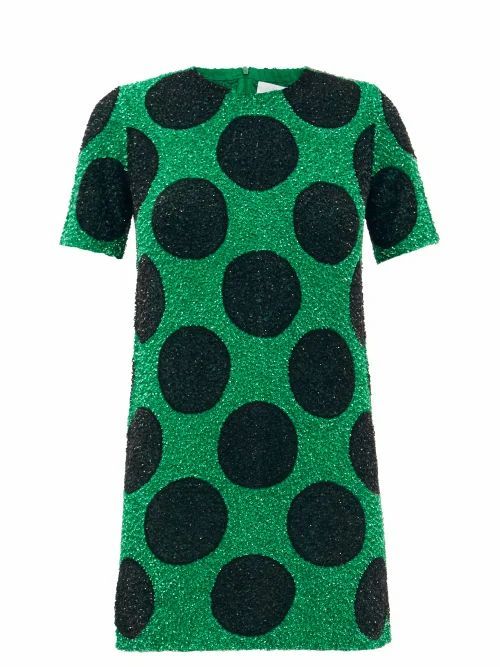 Polka-dot Sequinned Cotton Mini Dress - Womens - Black Green