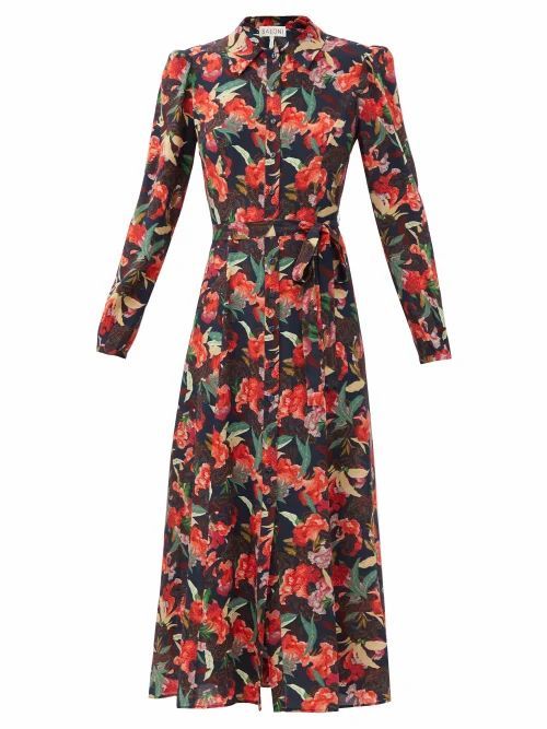 Vanessa-b Dusk Moonflower-print Silk Shirt Dress - Womens - Burgundy Multi
