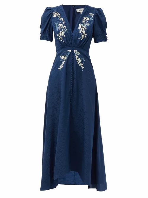 Lea Floral-embroidered Silk-crepe Midi Dress - Womens - Navy Multi