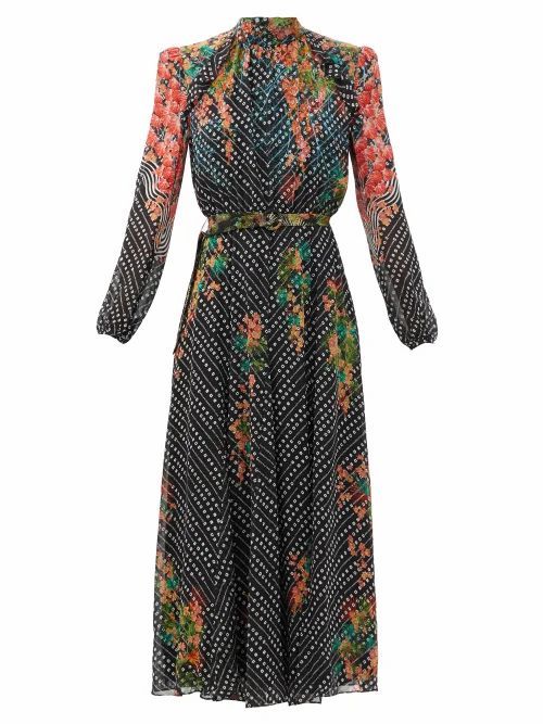 Jacqui B Coral Blossom-print Silk Midi Dress - Womens - Black Multi
