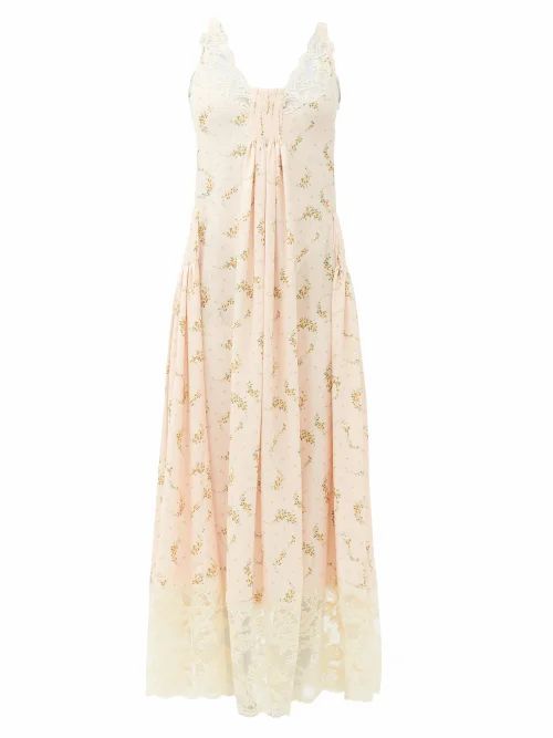 Lace-trimmed Floral-print Crepe Dress - Womens - Light Pink