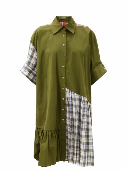 Ruffle-hem Upcycled Patchwork Cotton Shirt Dress - Womens - Khaki Multi