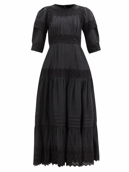 Mimi Prober - Eve Embroidered Pintuck Silk Dress - Womens - Black