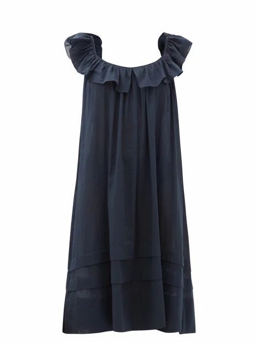 Cirrus Ruffle-neck Organic-cotton Midi Dress - Womens - Navy