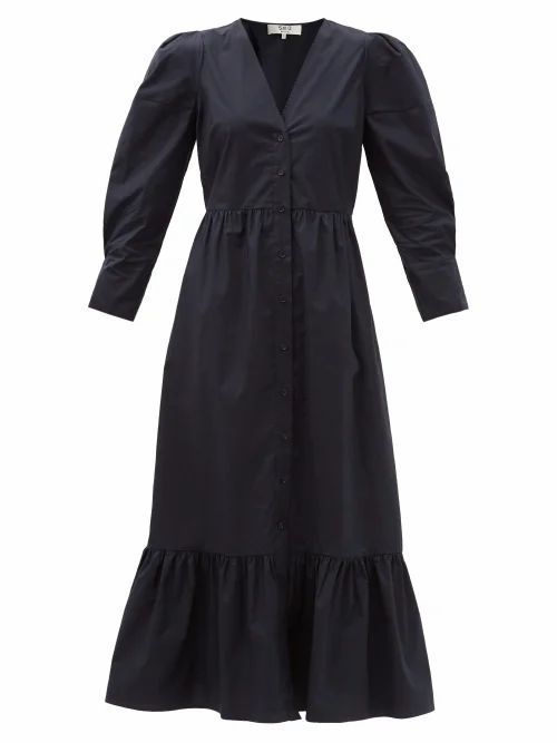 Sea - Karla Puff-sleeve Cotton-blend Poplin Midi Dress - Womens - Navy