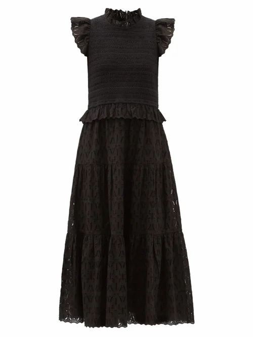 Sea - Ingrid Shirred Broderie-anglaise Cotton Midi Dress - Womens - Black