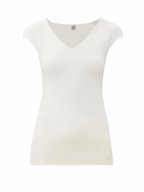 Cap-sleeve Knitted T-shirt - Womens - White