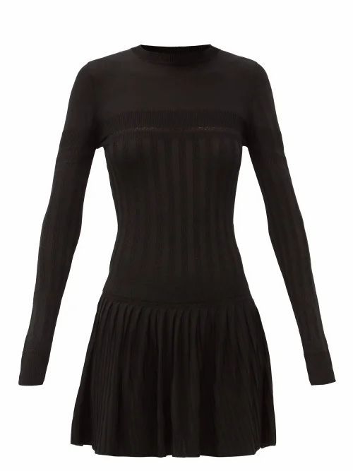Pleated Rib-knitted Mini Dress - Womens - Black