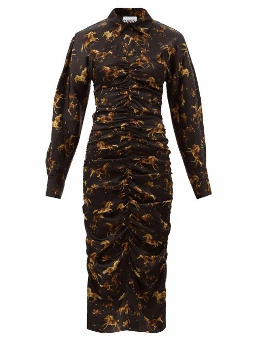 Ruched Horse-print Silk-blend Satin Shirt Dress - Womens - Black Print