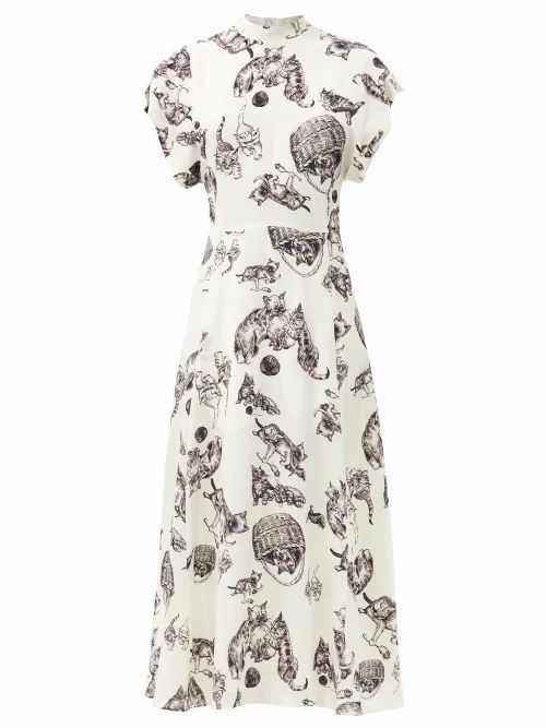Raey - Roll-sleeve Kitten-print Silk Midi Dress - Womens - Ivory Multi